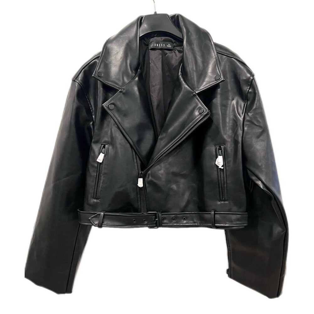 Lioness Faux Leather Jacket Staten Island Cropped Biker Jacket Size XL Black New